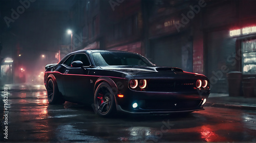 a Dodge Challenger on night street