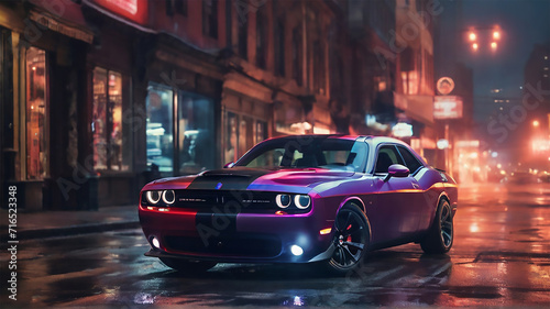 a Dodge Challenger on night street