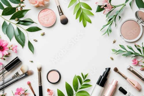 Elegance makeup products and decorative cosmetics, flat lay frame photo