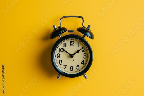 Black retro alarm clock on isolated background. Close up one classic alarm clock over yellow background. Black alarm clock retro circle watch isolated object and vintage classic design. Wake up