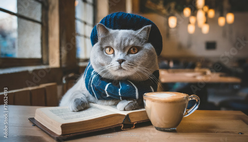 Funny cat enjoys reading a book in a cozy coffee shop