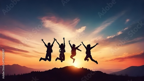 silhouette of people jumping in sunset photo