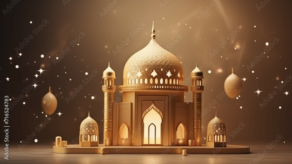 A 3D rendering of a mosque with a huge dome and minarets.