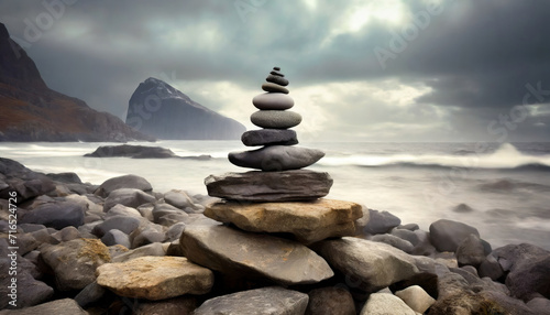 Tranquil Harmony: A Balanced Stack of Pebbles on the Beach