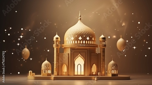 A 3D rendering of a mosque with a huge dome and minarets.