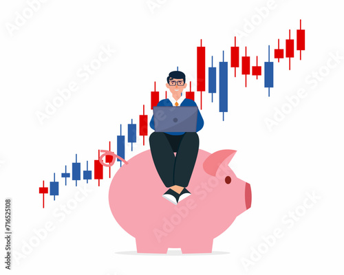Trader sitting on piggybank money buy and sell stocks online business trading concept vector illustration