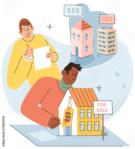 Buying and choosing housing. Vector illustration The sale price property was negotiable The buyer saw potential for profitable investment The purchase house required down payment The residential