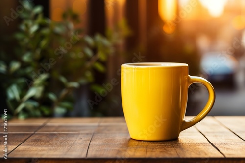 A yellow coffee mug on the table, into which sunlight penetrates - perfect for adding your text
