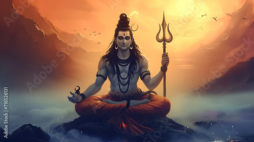 illustration of Hindu god lord shiva doing meditation with his powerful trident, generative photo