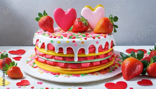 cake layers with strawberries and heart biscuits