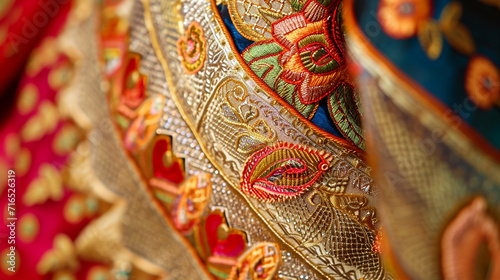 A close-up of a beautifully decorated Gudi, featuring intricate embroidery, auspicious symbols, and cascading silk fabric. The attention to detail and rich colors enhance the cultu