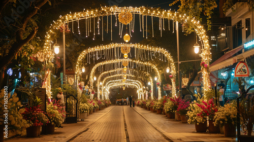 A festive Gudi Padwa street decor, featuring illuminated arches, decorative lights, and floral arrangements, transforming the local streets into a vibrant and enchanting space for