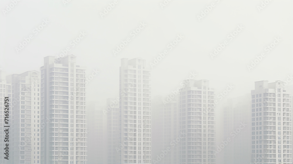 white background, a row of apartment buildings in a white fog, urban abstract panorama, mortgage population social issues