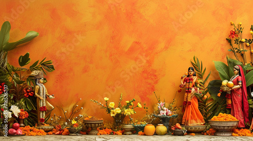 An artistic Gudi Padwa tableau featuring a blend of traditional and modern elements, symbolizing the transition into the New Year. The creative composition reflects the evolving cu