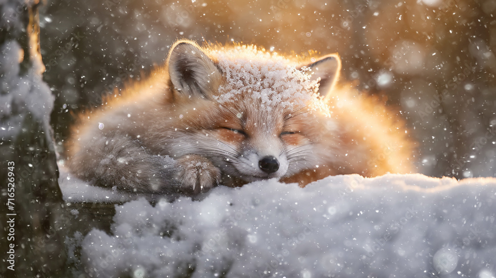 Obraz premium a cute fox cub sleeps in the wild against the background of winter, snow is falling, the incredible beauty of winter wildlife