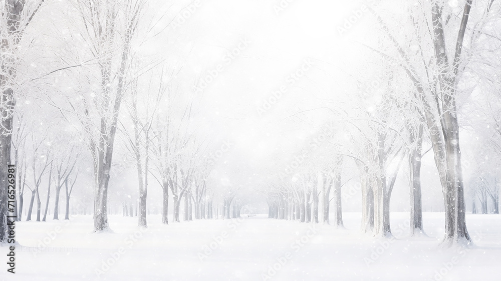 winter alley of trees, snowfall in the morning misty park, winter landscape, seasonal abstract blurred background copy space winter alley of trees, snowfall in the morning misty park, winter landscape, seasonal abstract blurred background copy space