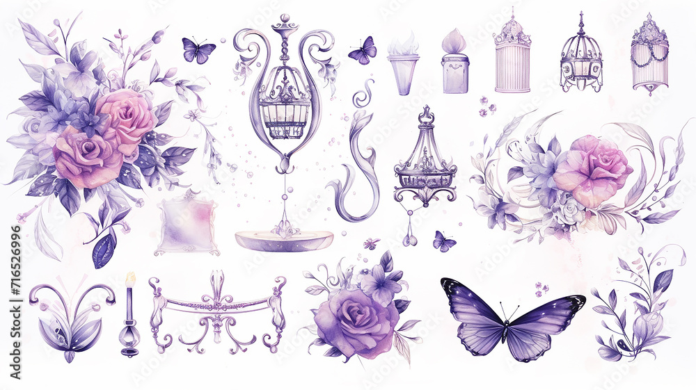 set collection of purple delicate accessories of a fairy princess watercolor drawing isolated on a white background soft lavender color set collection of purple delicate accessories of a fairy princess watercolor drawing isolated on a white background soft lavender color