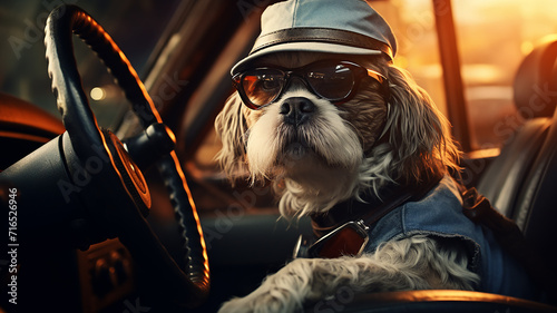 a dog in clothes is driving a car humor joke photo