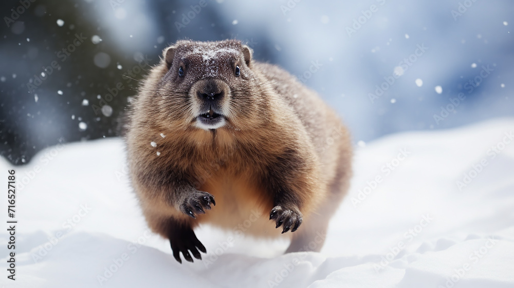 Obraz premium groundhog runs through the winter snow, dynamic pose fluffy rodent falling snow February calendar