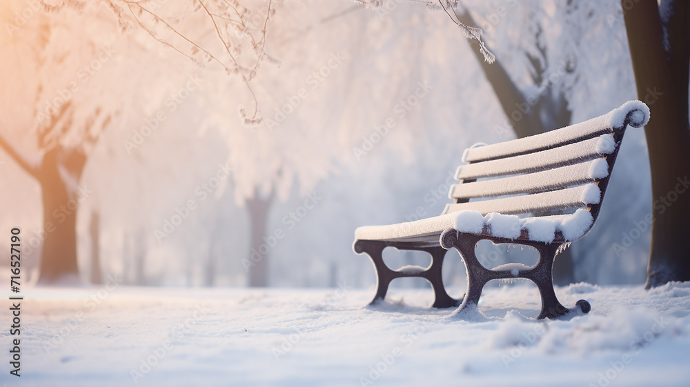 winter landscape, park bench, abstract background copy space, christmas view postcard