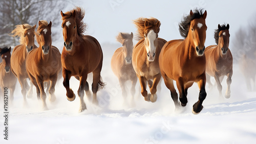 herd of horses is rapidly running in winter in active poses on fluffy snow, motion in nature © kichigin19