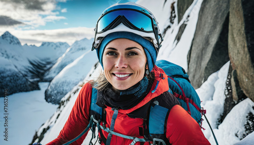 Happy Young Woman Enjoying Extreme Hiking Adventure in the Beautiful Winter Mountains