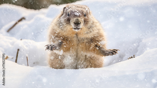 groundhog runs through the winter snow, dynamic pose fluffy rodent falling snow February calendar