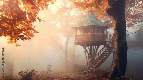 a tree house, a landscape in the rays of the sun among the tops of green trees and the morning calm fog, a fairytale panorama of a secluded hermit's dwelling photo