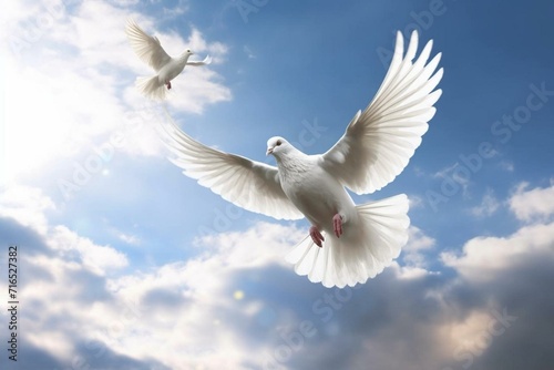 two birds soaring in the sky and peace symbol dove. Generative AI