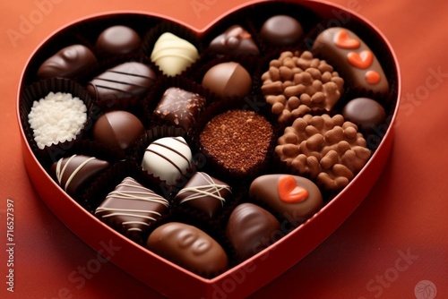 a box of chocolates shaped as a heart. Generative AI © Caledonia