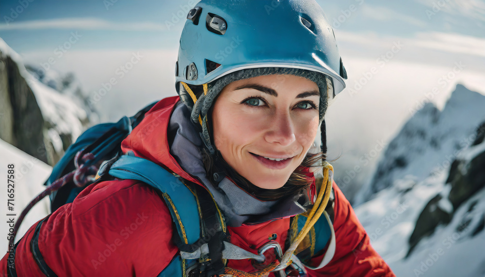 Happy Winter Climber: Beautiful Young Woman Enjoying Skiing in the Snowy Mountains Happy Winter Climber: Beautiful Young Woman Enjoying Skiing in the Snowy Mountains