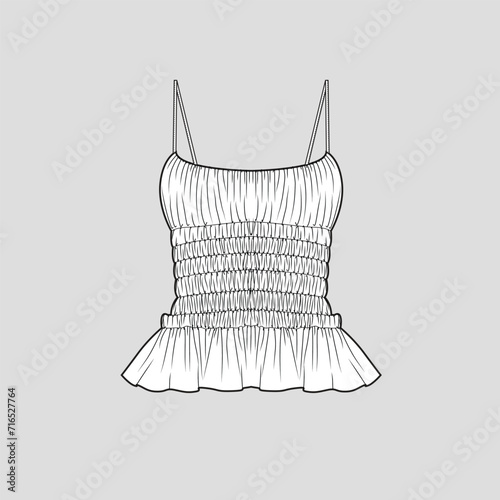 Smocked Gathering camisole top Fashion smocking detail fashion sleeveless top clothing flat sketch technical drawing template design vector