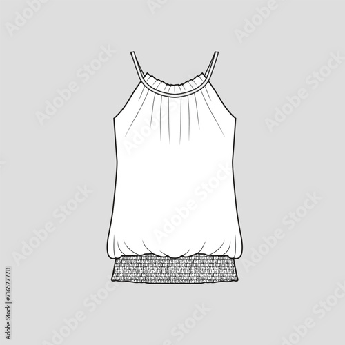 Smocked hem Pleated Camisole  fashion top  pleat detail  tank smocking hem cami clothing fashion flat sketch technical drawing template design vector