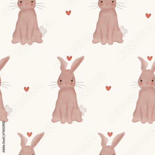 Cute hand drawn cartoon character brown little rabbits seamless pattern background illustration with hearts