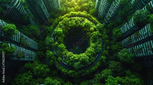 Futuristic Metropolis with Lush Greenery from an Aerial Drone View. photo