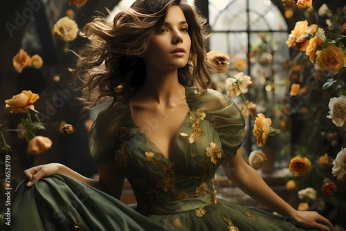 A captivating shot of a model in a flowing floral dress, surrounded by a garden-inspired green background