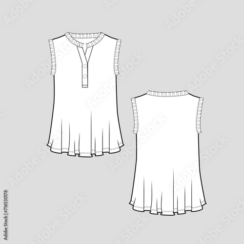 Sleeveless henley Ruffles frill edge top button panel frill detail  flounce flare hem t shirt blouse top fashion flat sketch technical drawing template design vector