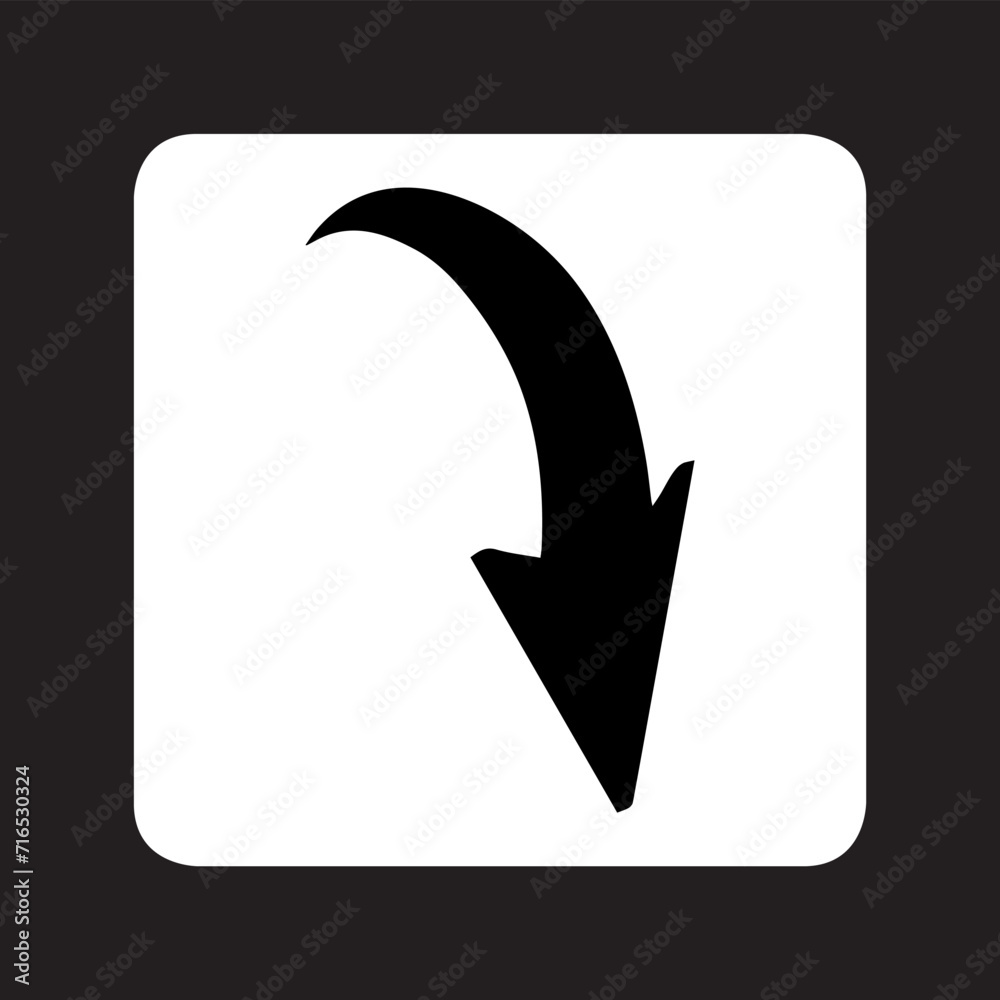 Curved arrow icon vector. Arrow pointer logo design. Arrow down vector icon illustration in square isolated on black background Curved arrow icon vector. Arrow pointer logo design. Arrow down vector icon illustration in square isolated on black background