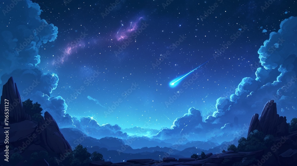 Cartoon Illustrate of meteor shower in the starry night sky. Stars Sky