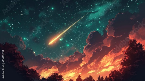 Cartoon Illustrate of meteor shower in the starry night sky. Stars Sky cartoon background. photo