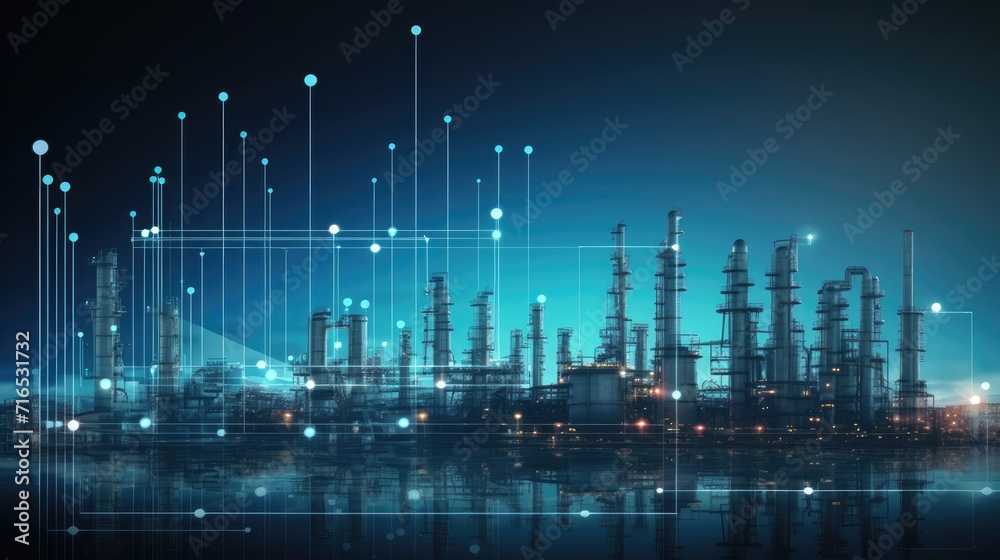 oil and gas power plant refinery with storage tanks facility for oil production or petrochemical factory infrastructure and oil demand price chart concepts as wide banner with copy, Generative Ai oil and gas power plant refinery with storage tanks facility for oil production or petrochemical factory infrastructure and oil demand price chart concepts as wide banner with copy, Generative Ai