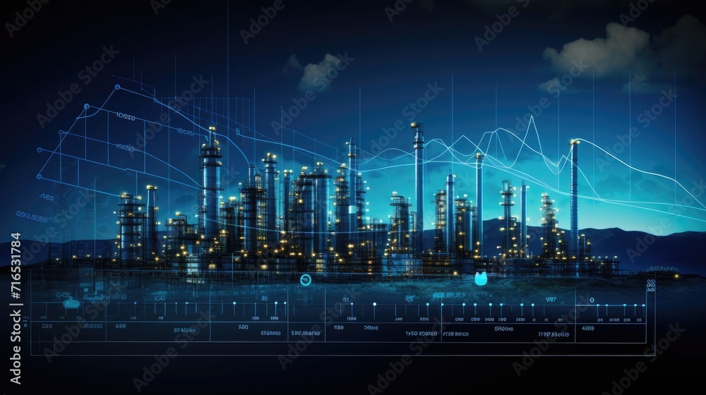 oil and gas power plant refinery with storage tanks facility for oil production or petrochemical factory infrastructure and oil demand price chart concepts as wide banner with copy, Generative Ai oil and gas power plant refinery with storage tanks facility for oil production or petrochemical factory infrastructure and oil demand price chart concepts as wide banner with copy, Generative Ai