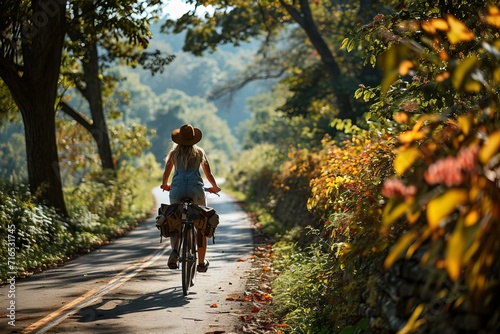A beautiful girl rides a bicycle along a forest path in denim overalls. Banner with copy space.
 photo