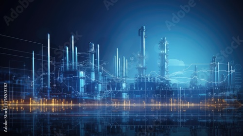 oil and gas power plant refinery with storage tanks facility for oil production or petrochemical factory infrastructure and oil demand price chart concepts as wide banner with copy, Generative Ai photo