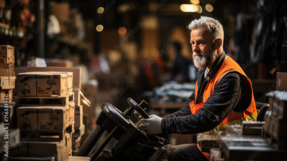 Focused Forklift Operator in Warehouse Work Environment. Generative AI..