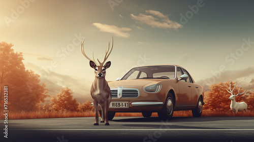 3d rendered illustration of a deer intron of a car photo