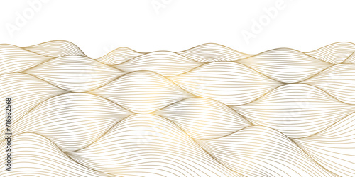 Vector gold line abstract wavy background, luxury curve texture, graphic geometric element. Premium wallpaper, japanese style ocean, fancy label, premium ornament.