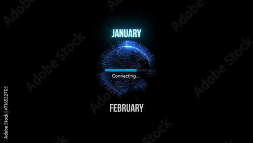 January connecting to February. Futuristic new neon symbol abstract digital concept. Global network and cyber technology background seamless and looped 3d animation. 9:16