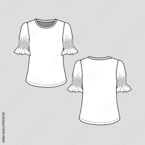 Smoking Sleeve ruffles t shirt top rib crew neck smocked  ruffles sleeve hem fashion blouse clothing flat sketch technical drawing template design vector