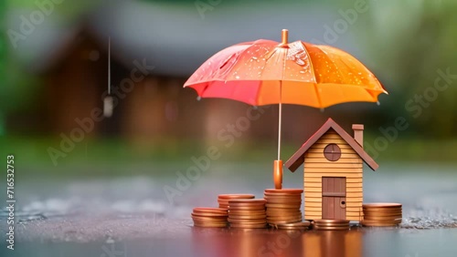 Mortgage protection or renter home insurance. Miniature house model and coins under umbrella in the rain photo